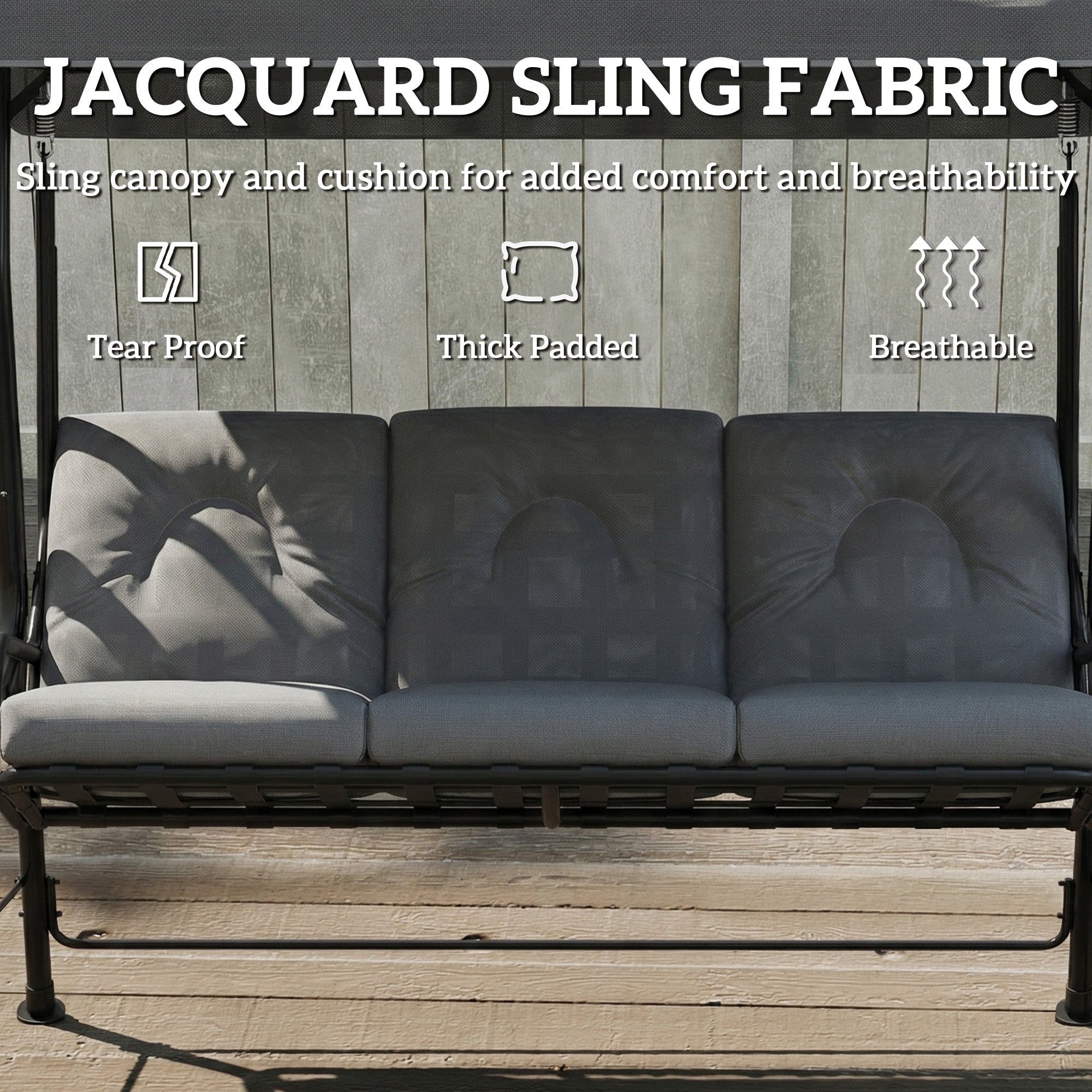 3-Person Patio Swing Chair with Canopy 3 Seater Porch Swing for Garden, Backyard, Poolside, Light Grey