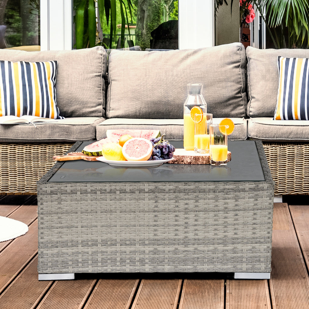 Rattan Garden Coffee Table, 25.6" Square Garden Rattan Table with Tempered Glass Top, Grey