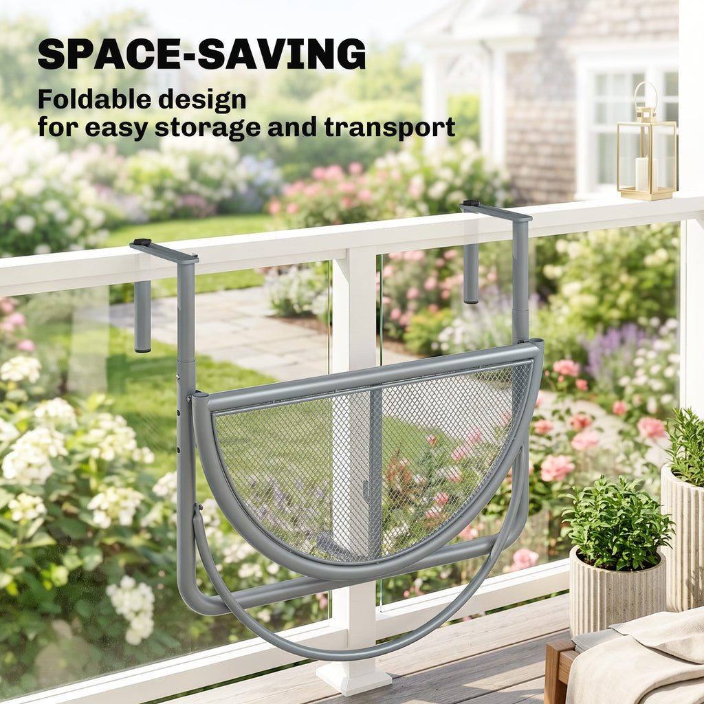 Adjustable Balcony Hanging Railing Table, Metal Mounting Mini Wall Desk Storage Rack, Outdoor Flower Stand Serving Table Half Round, Grey