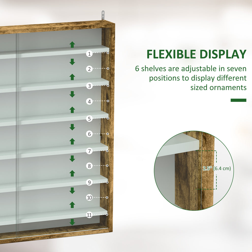 7-Tier Display Cabinet, Shot Glass Display Case, Glass Curio Cabinet with 2 Glass Doors and 6 Adjustable Shelves, Rustic Brown