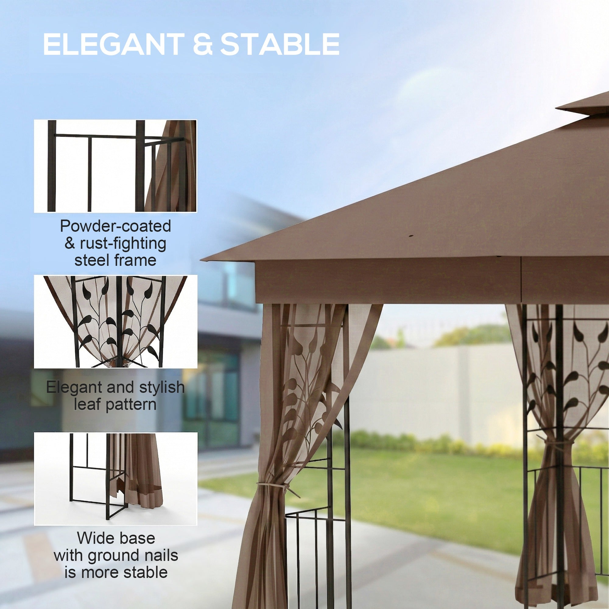 10'x10' Soft-top Patio Gazebo Outdoor Sun Shelter with 2-Tier Polyester Roof, Curtain Sidewalls, Dark Brown