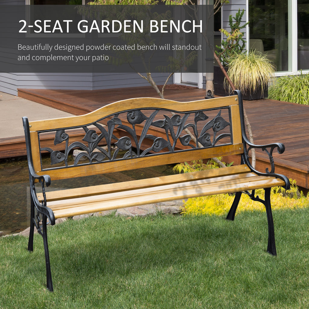 50" 2-Seater Garden Bench Chair, Loveseat for Yard, Lawn, Porch, Patio, Cast Iron/ Wooded, Natural