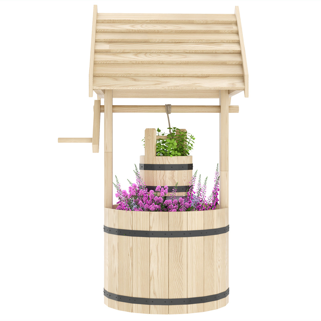 Wood Wishing Well Outdoor Wooden Planter with Hanging Bucket and Drainage Hole for Garden, Patio, Backyard, Natural