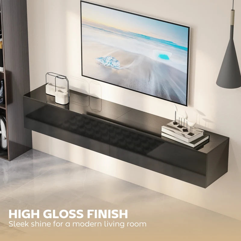 Wall Mounted Floating TV Cabinet with 2 Flip Doors, Modern Black TV Console