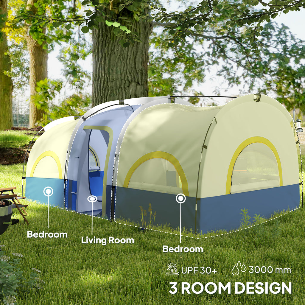 4 Person Camping Tent, 3 Room Cabin Tent, 3000mm Waterproof and UPF30+ with Sewn in Groundsheet and Carry Bag, Blue