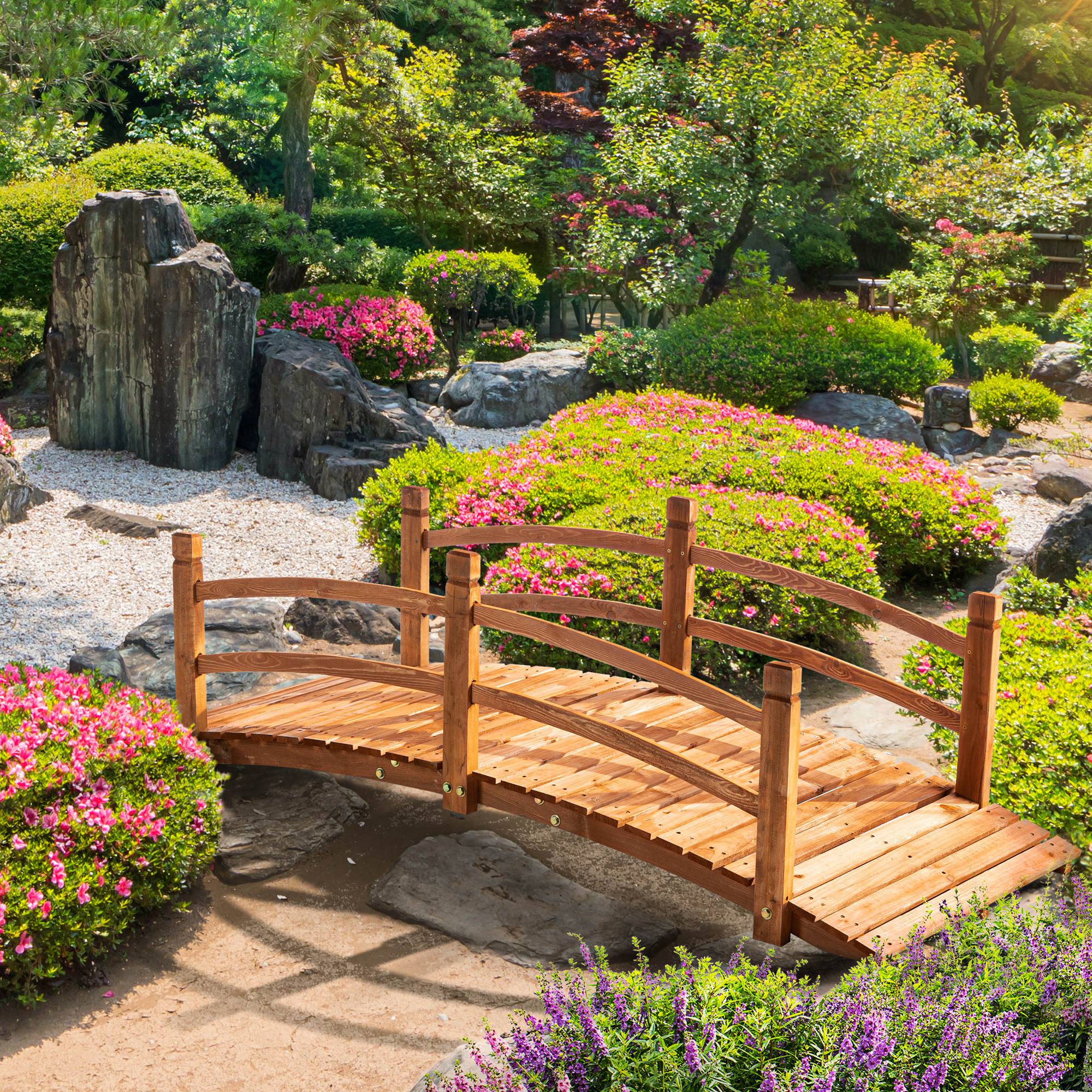 6FT Wooden Garden Bridge Classic Arc Footbridge with Guardrails for Stream Pond Walkway, Orange