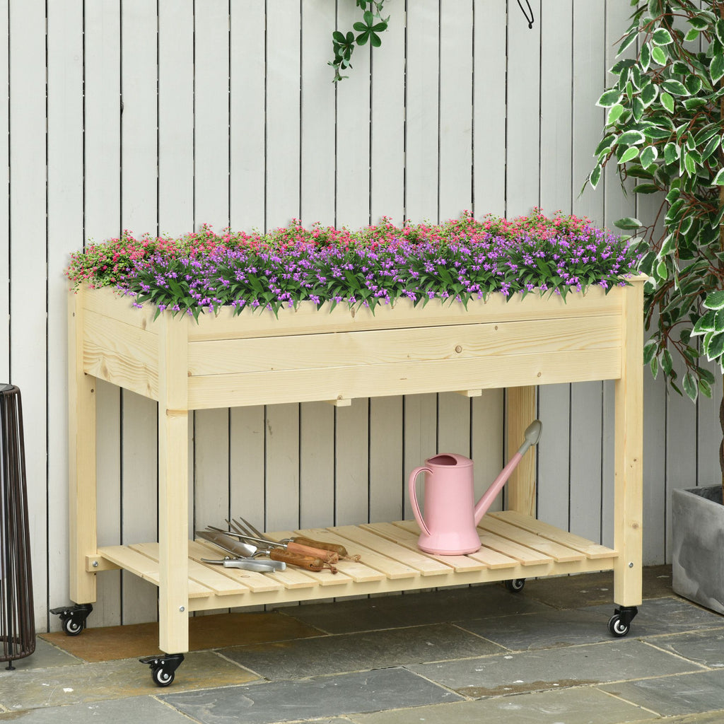 Mobile Raised Garden Bed Elevated Wood Planter Box with Lockable Wheels, Storage Shelf for Herbs Vegetables, Natural