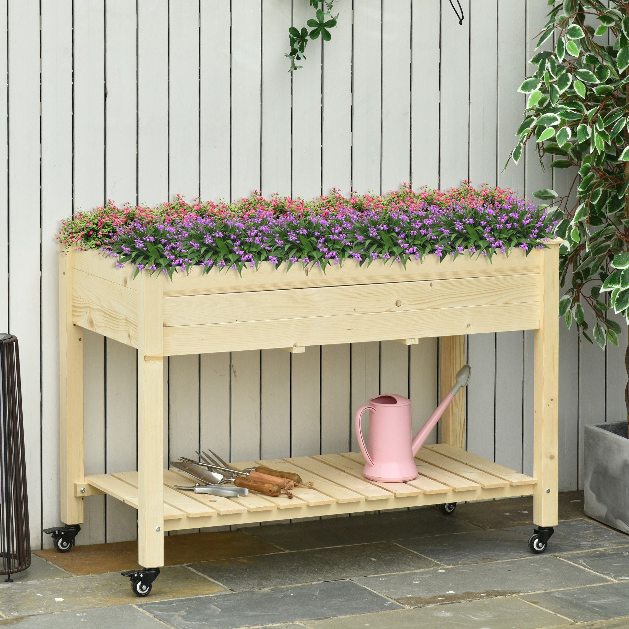 Mobile Raised Garden Bed Elevated Wood Planter Box with Lockable Wheels, Storage Shelf for Herbs Vegetables, Natural