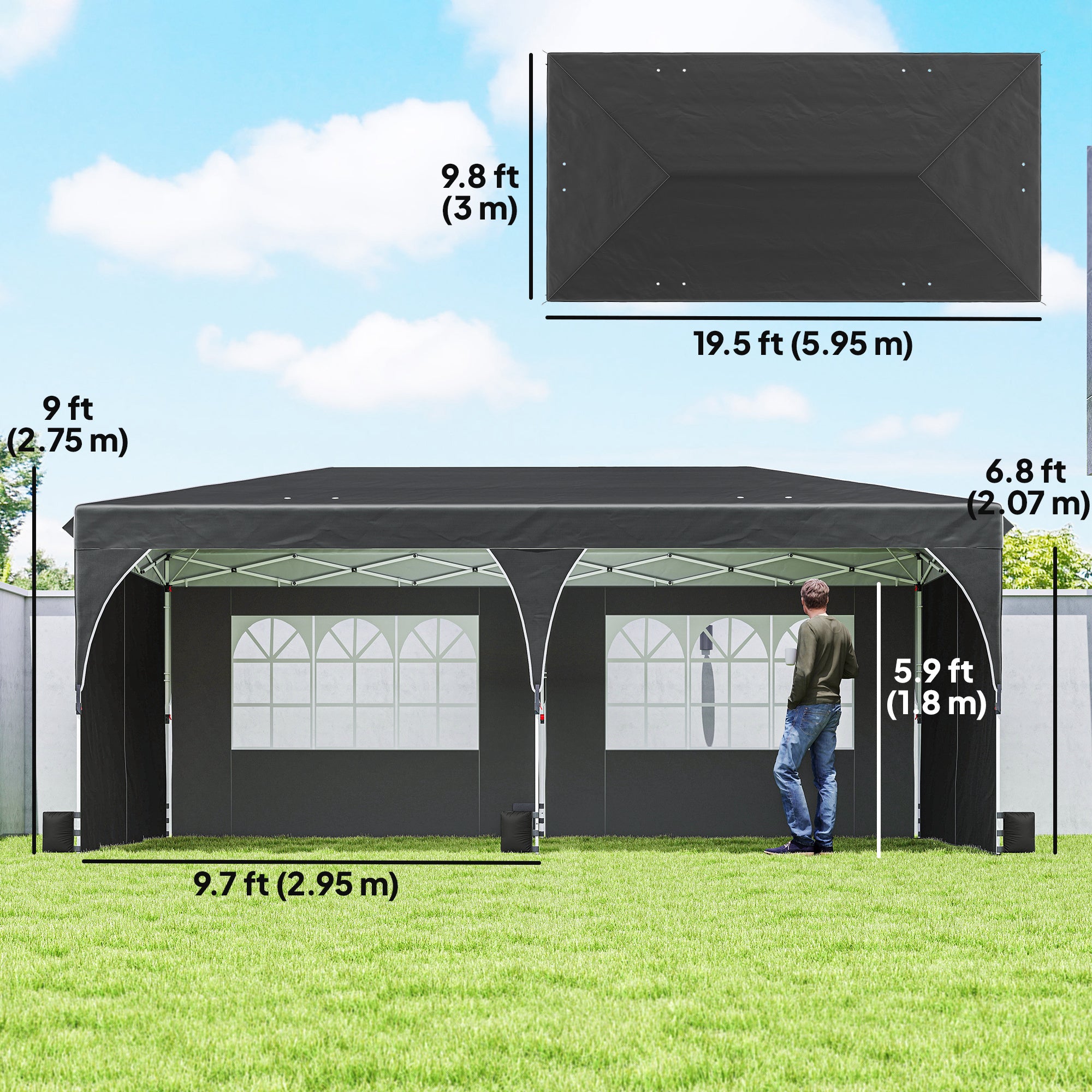 10 x 20 ft Pop Up Canopy Tent with Reflective Strips, UPF 50+ Easy up Instant Canopy with 6 Sandbags, Black