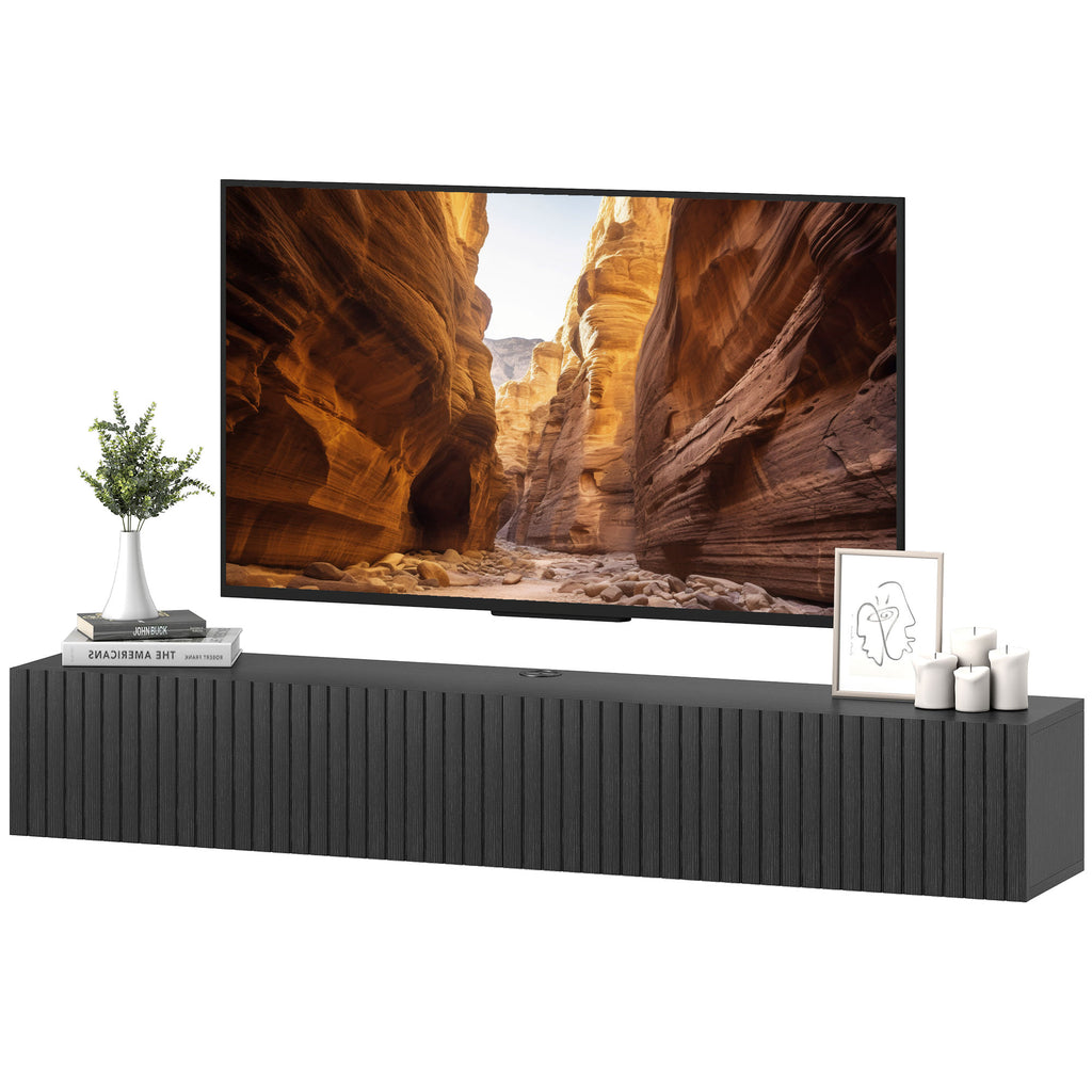 55" Floating TV Stand for TVs up to 72 Inch, Wall Mount Media Console with 2 Fluted Flip-Down Doors, Cable Hole, Black