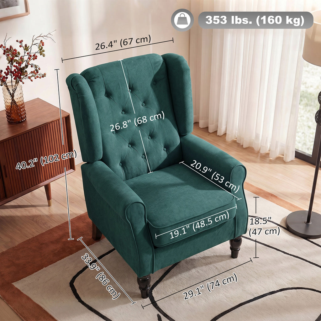 Fabric Accent Chair, Button Tufted Armchair, Armchair with Wood Legs, Thick Padding for Bedroom Dark Green