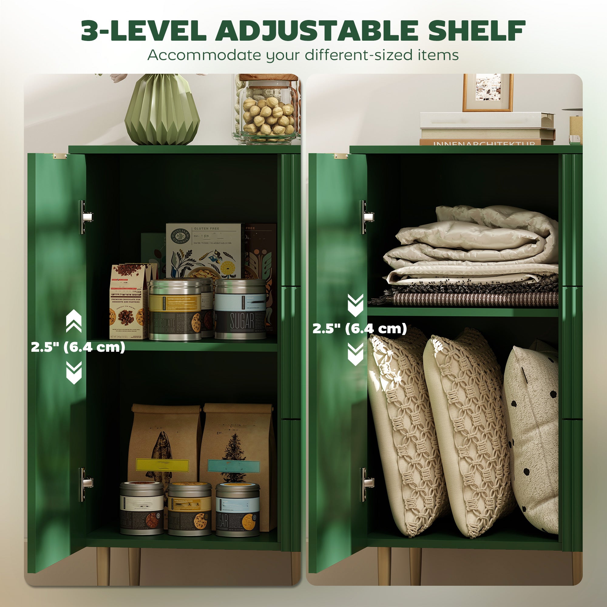 Modern Kitchen Storage Cabinet, Sideboard Buffet Cabinet w/ 3 Drawers and Adjustable Shelves for Kitchen Hallway, Green