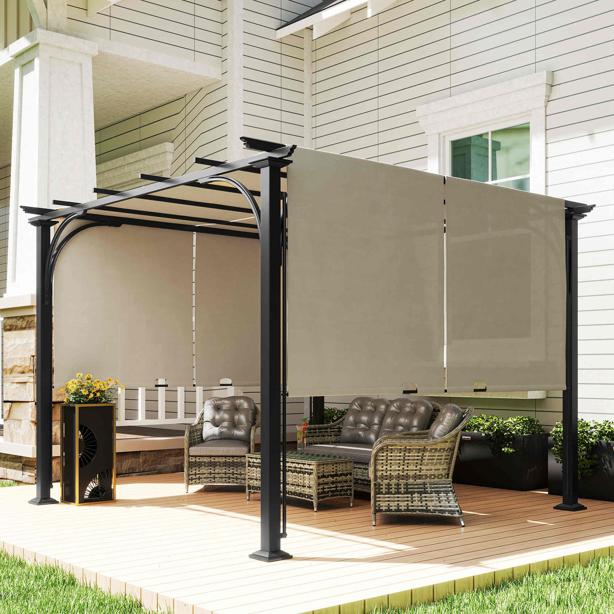 10' x 10' Outdoor Pergola Patio Gazebo Canopy Sun Shelter, Steel Frame, Beige