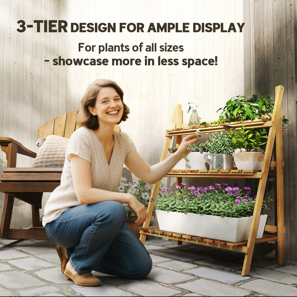 Outdoor Plant Stand, Foldable 3-Tier Wooden Plant Shelf