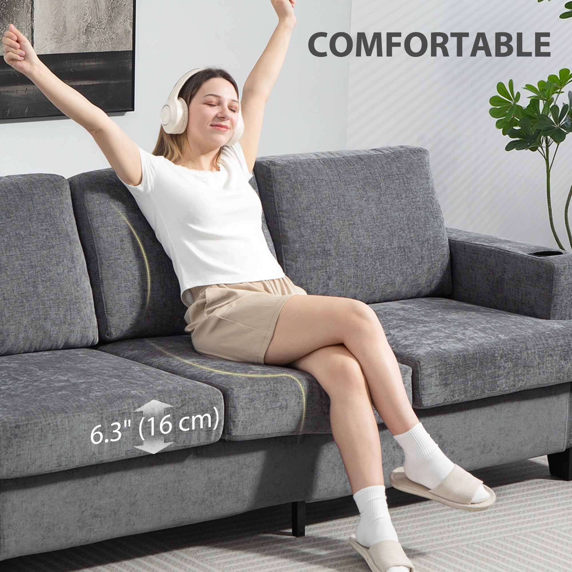 3 Seater Sofa with USB Ports & Cup Holders, Chenille-Feel Upholstered Couch for Living Room, Grey