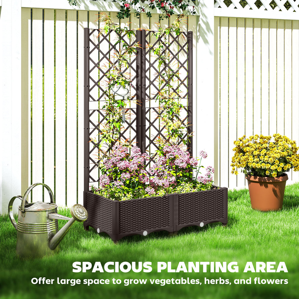 Raised Garden Bed with Trellis, Plastic Raised Flower Bed with Drainage Holes and Drain Plugs
