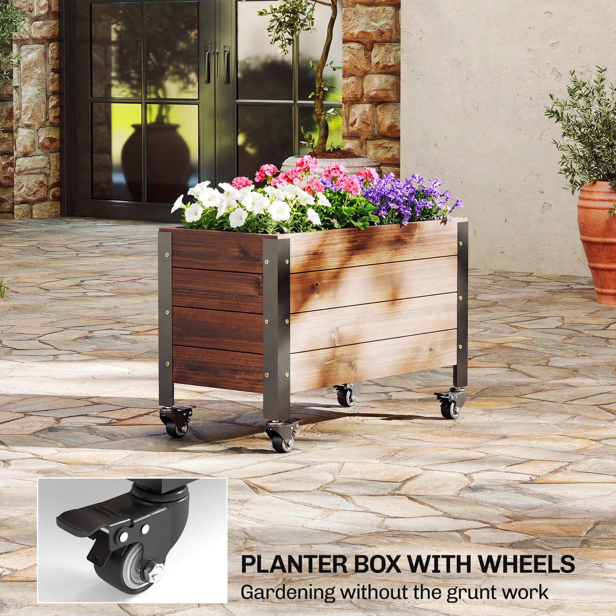 Raised Garden Bed with Wheels & Drainage Holes, Outdoor Planter Box with Liner for Patio Balcony