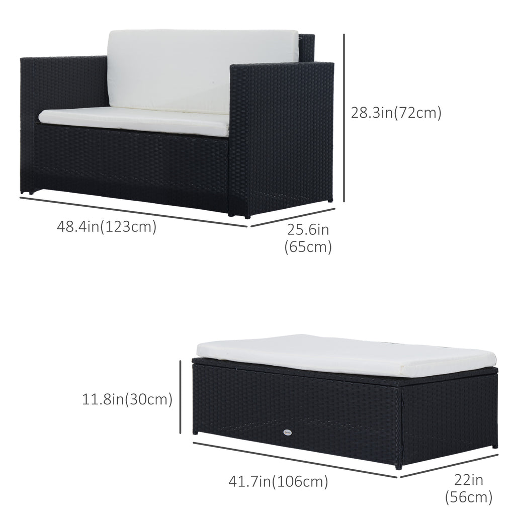 2 Pieces Wicker Patio Furniture Set with Double Ottoman, Outdoor PE Rattan Conversation Set with Loveseat and Two Seat Ottoman, Cream White