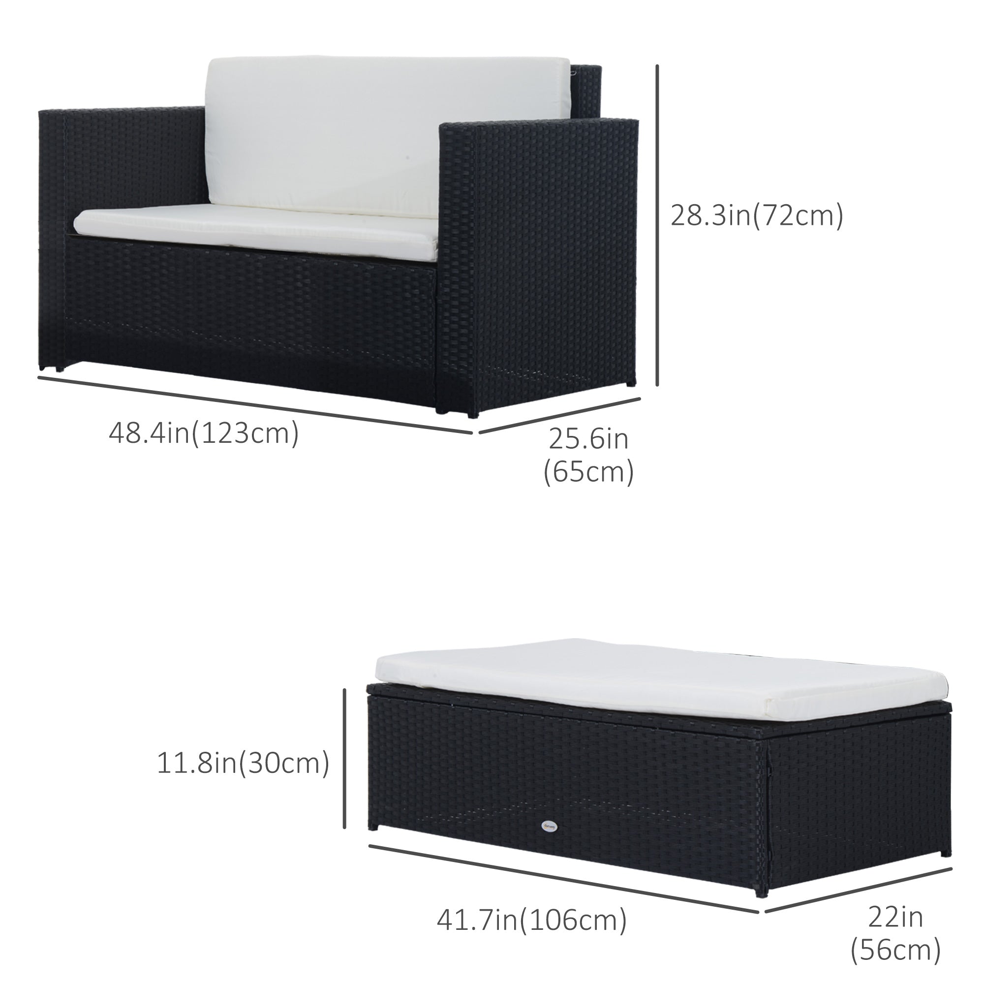 2 Pieces Wicker Patio Furniture Set with Double Ottoman, Outdoor PE Rattan Conversation Set with Loveseat and Two Seat Ottoman, Cream White