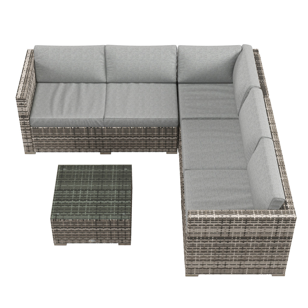 4 Pieces Rattan Wicker Outdoor Conversation Furniture Set w/ Corner Sofa Loveseats Coffee Table Cushions, Mixed Grey