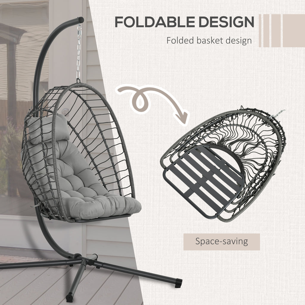 Hanging Egg Chair with Stand, Foldable Wicker Rattan Swing Chair with Thick Cushion, Light Grey