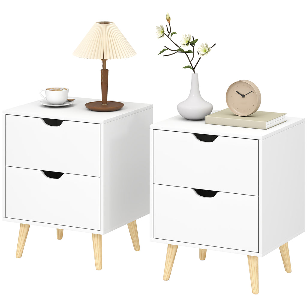 Modern Bedside Table Set of 2, Nightstand with 2 Drawers and Pine Wood Legs for Bedroom, White