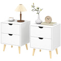 Modern Bedside Table Set of 2, Nightstand with 2 Drawers and Pine Wood Legs for Bedroom, White