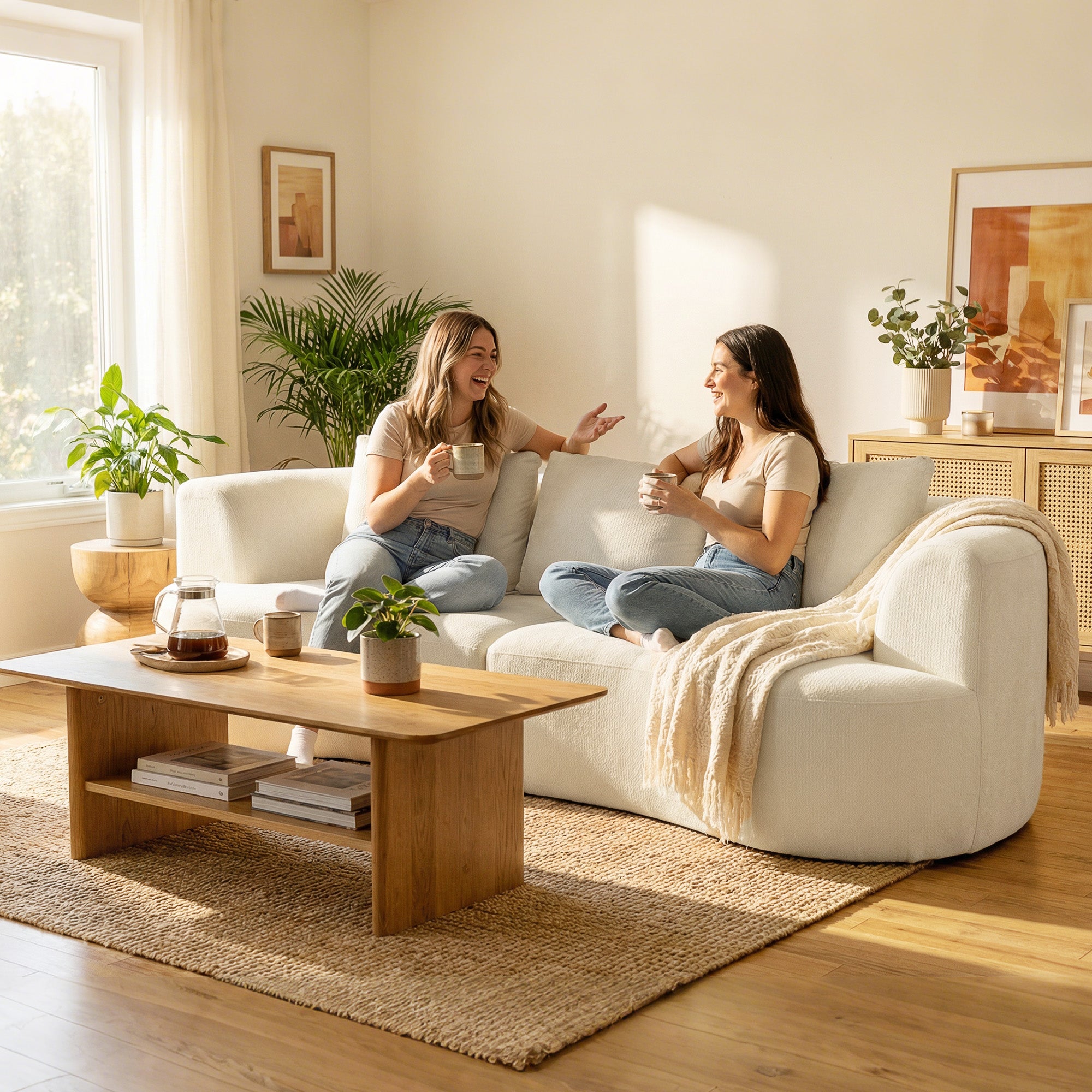 3 Seater Sofa, 102" Chenille Boneless Couch with Wide Seat, Spring Cushions, High-Density Foam, 3 Pillows, Cream White