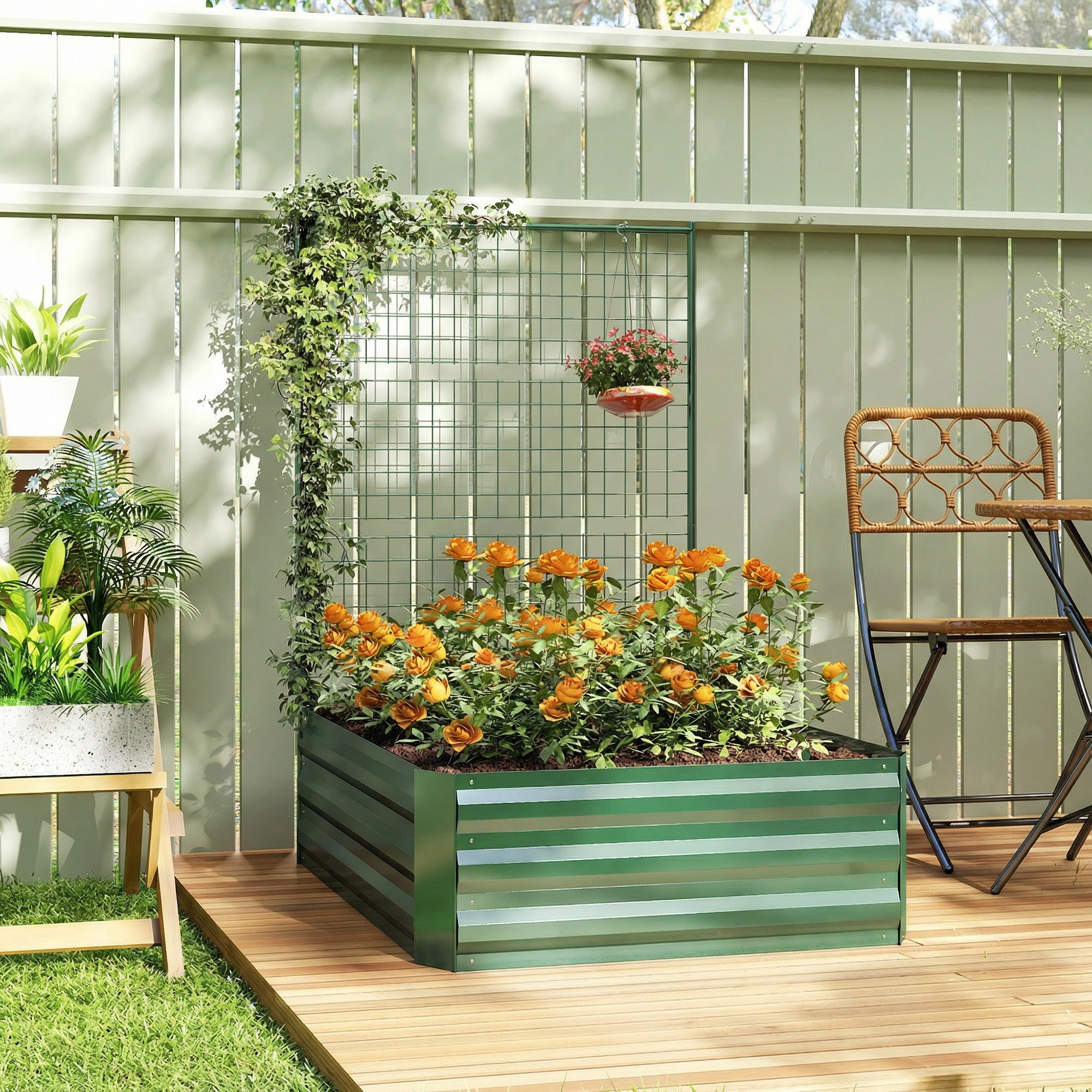 Galvanized Raised Garden Bed with Trellis for Climbing Plants, Outdoor Planter Box with Open Bottom, Green