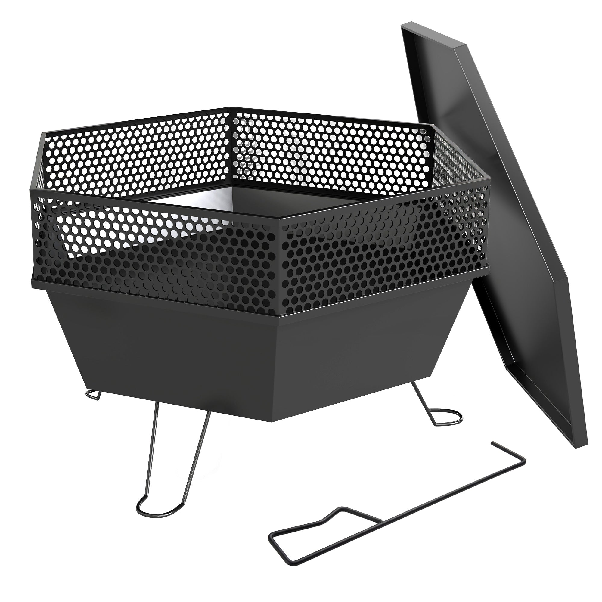 20" Fire Pit with Fire Poker, Foldable Wood Burning Firepits with Lid, Portable Firepit, Black