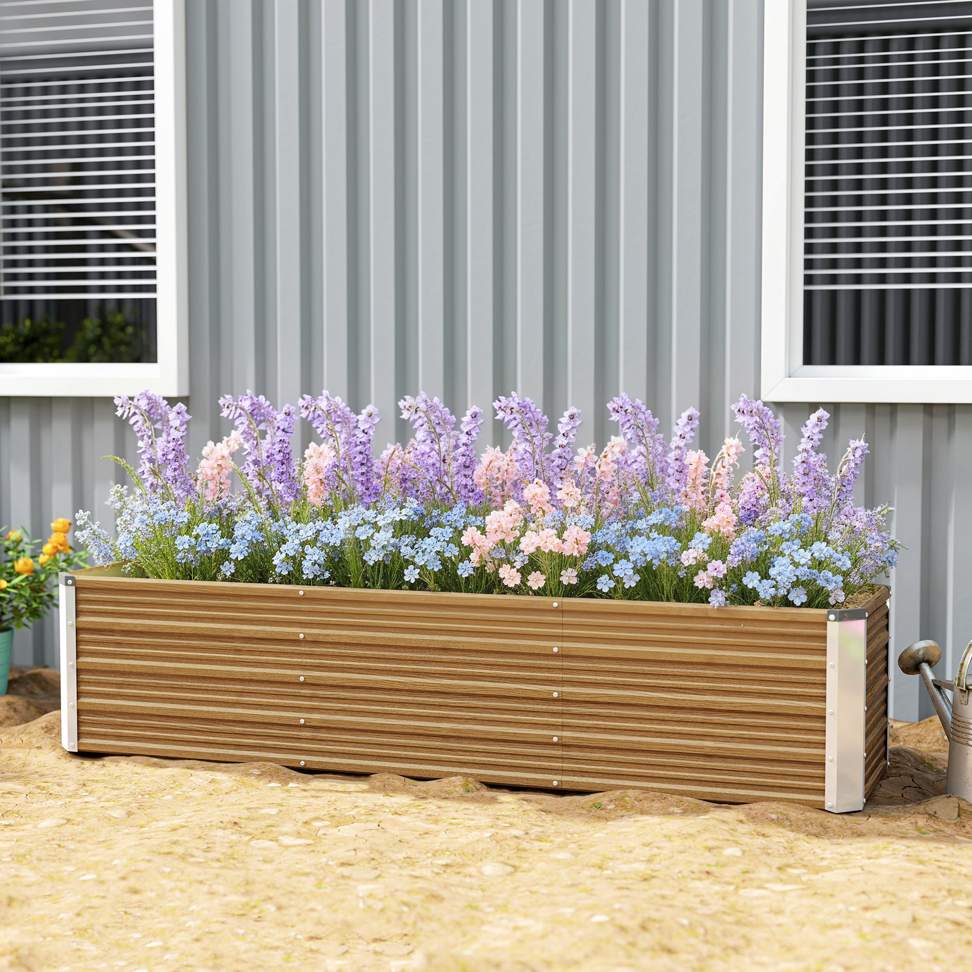 6' x 1.5' x 1.3' Galvanized Raised Garden Bed, Elevated Large Metal Planter Box w/ Install Gloves, Brown Wood Effect