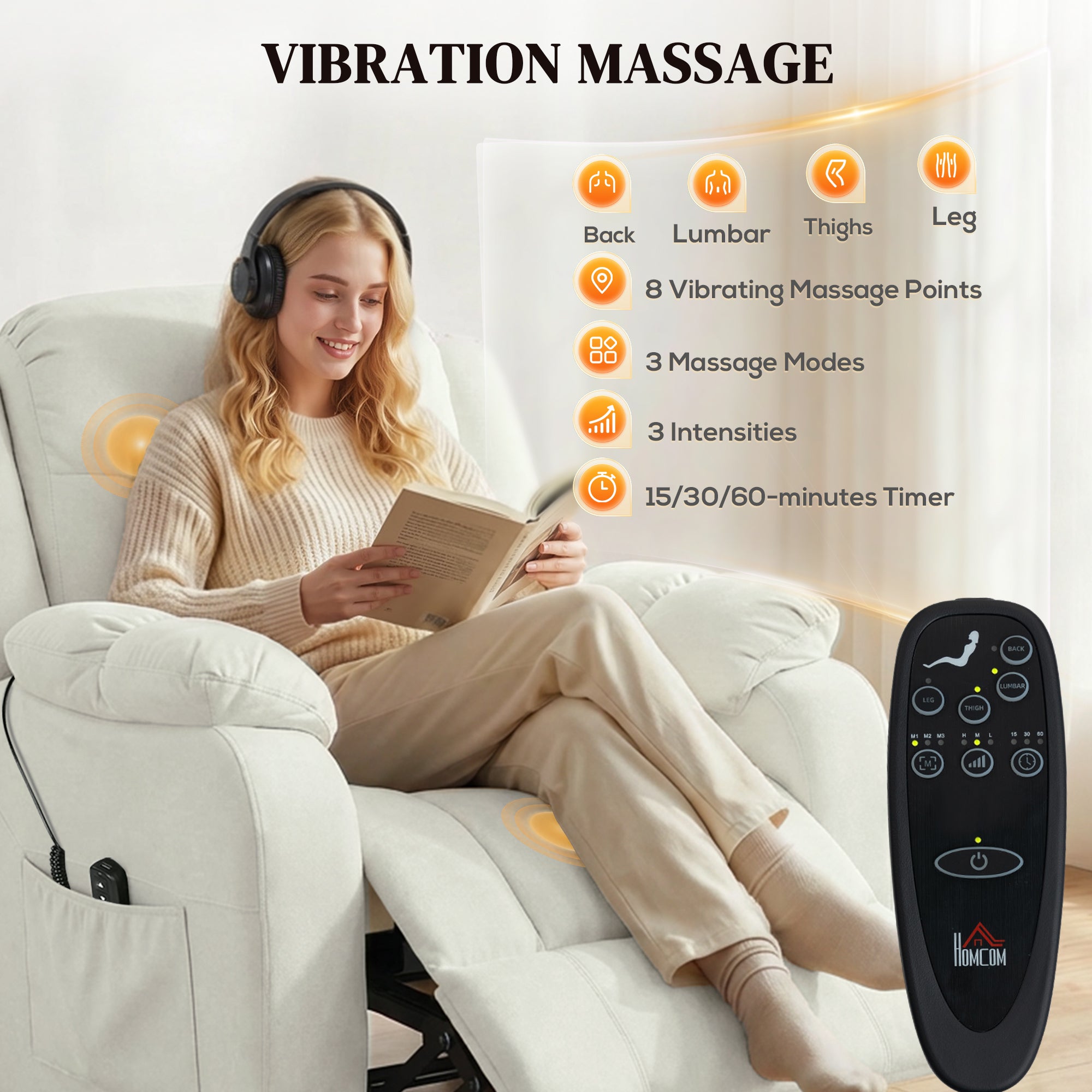 Massage Recliner Chair with Quiet Brushless Motor Pet-Friendly Fabric Power Recliner with 2 Memory Positions Cream White