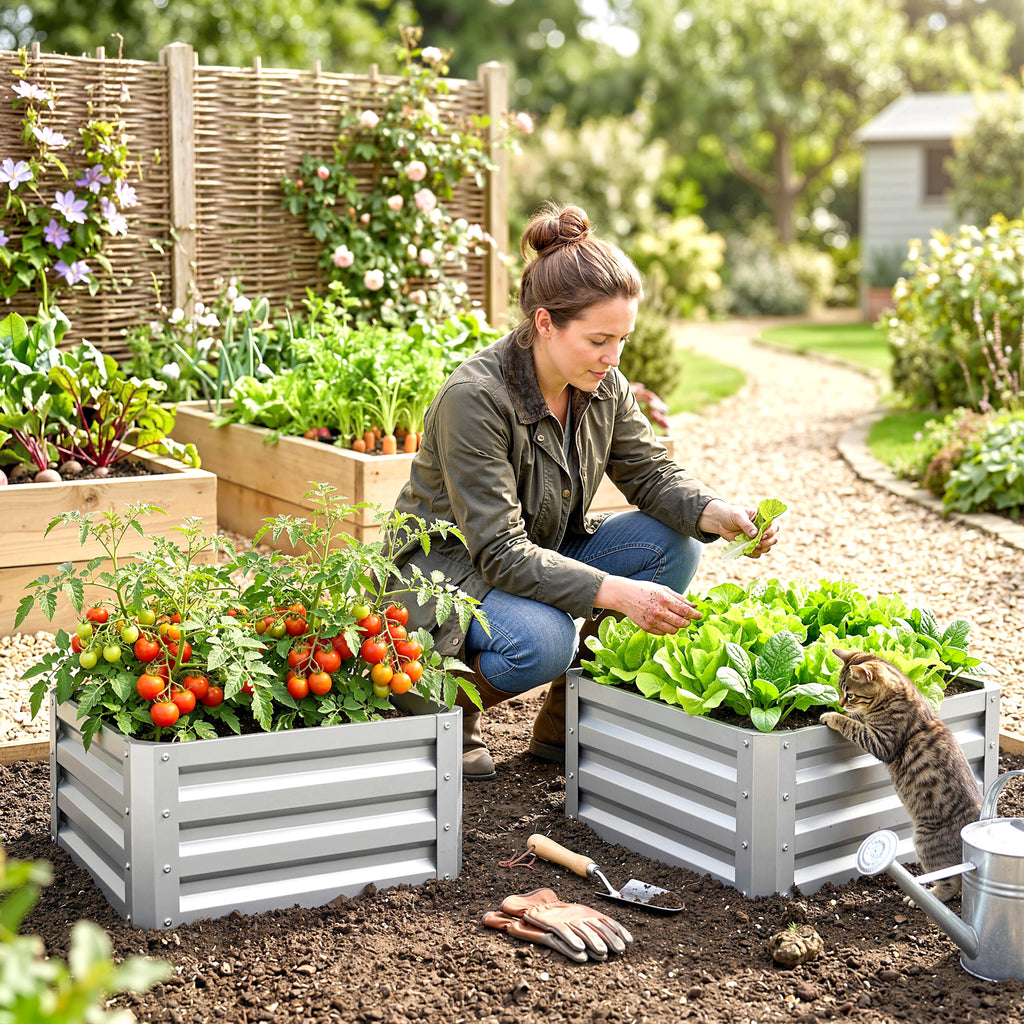 Set of 2 Raised Garden Bed, 2 x 2 x 1ft Steel Planters for Outdoor Plants, Elevated Planter Box, Easy-to-assemble, for Flowers Herbs and Vegetables, Silver
