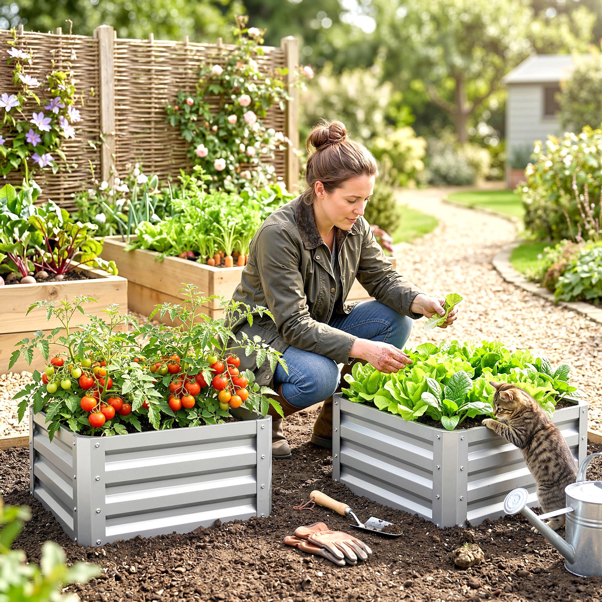 Set of 2 Raised Garden Bed, 2 x 2 x 1ft Steel Planters for Outdoor Plants, Elevated Planter Box, Easy-to-assemble, for Flowers Herbs and Vegetables, Silver