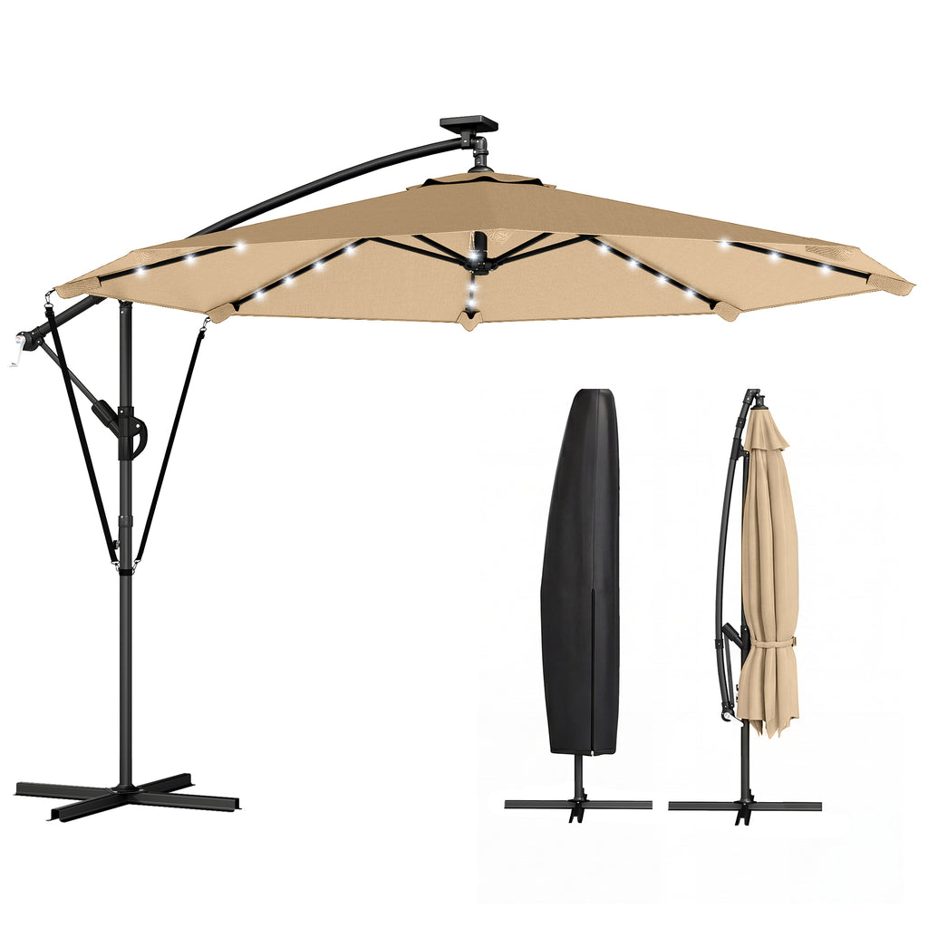 9.7ft Solar LED Cantilever Patio Umbrella with 32 LED Lights, Cross Base, Crank Handle, for Poolside, Deck, Khaki