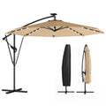 9.7ft Solar LED Cantilever Patio Umbrella with 32 LED Lights, Cross Base, Crank Handle, for Poolside, Deck, Khaki