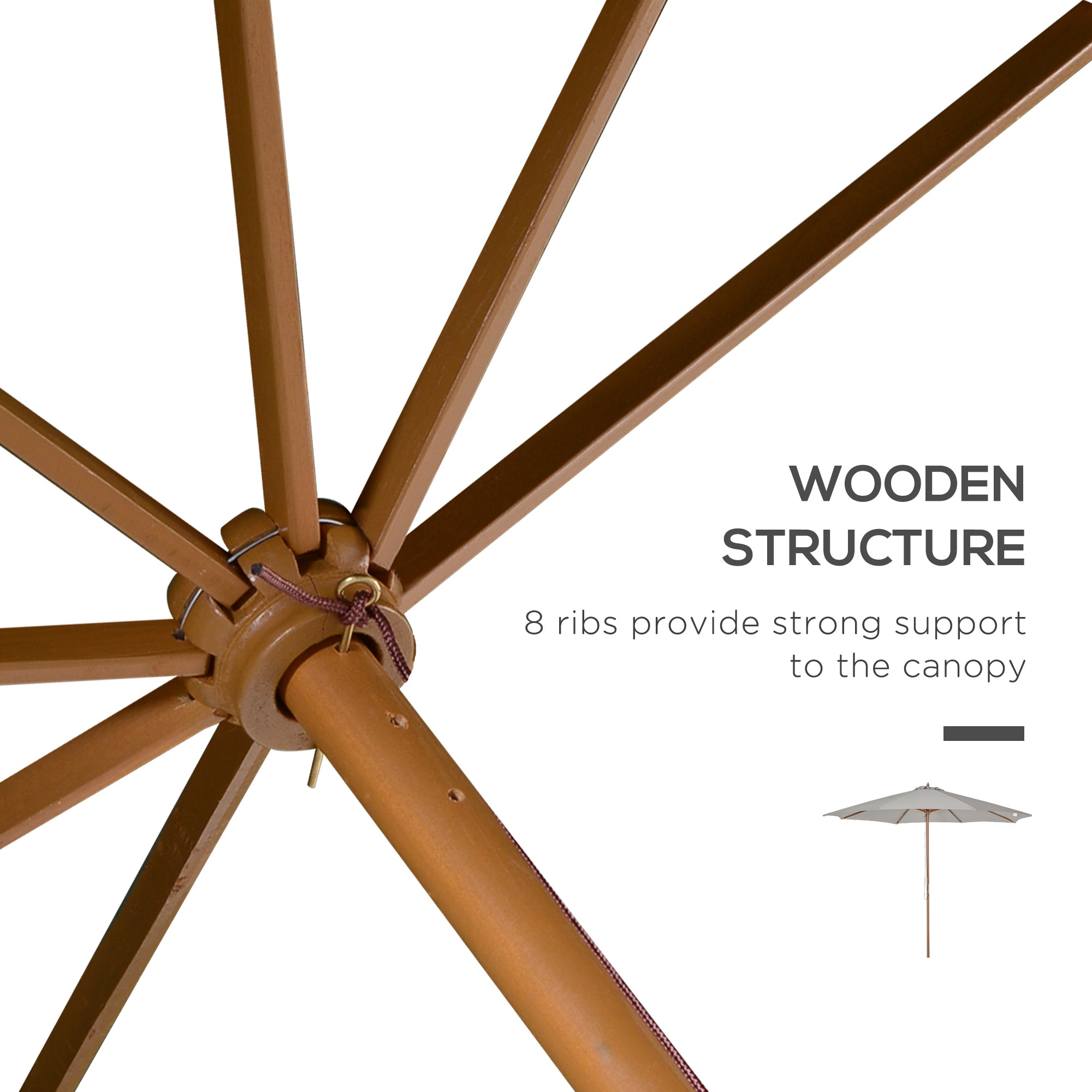 10' x 8' Wooden Patio Umbrella, Garden Parasol, Outdoor Sunshade Canopy with Bamboo Rib for Outdoor, Grey