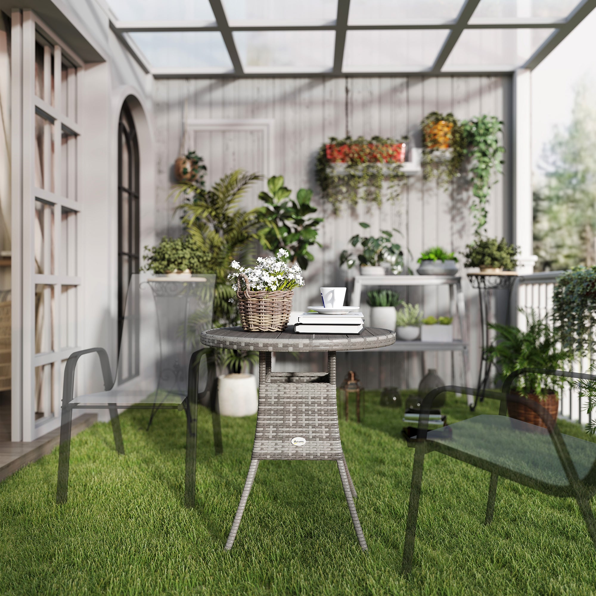 27.5" Outdoor Wicker Dining Table, PE Rattan Patio Furniture with Wood-plastic Composite Top, Grey