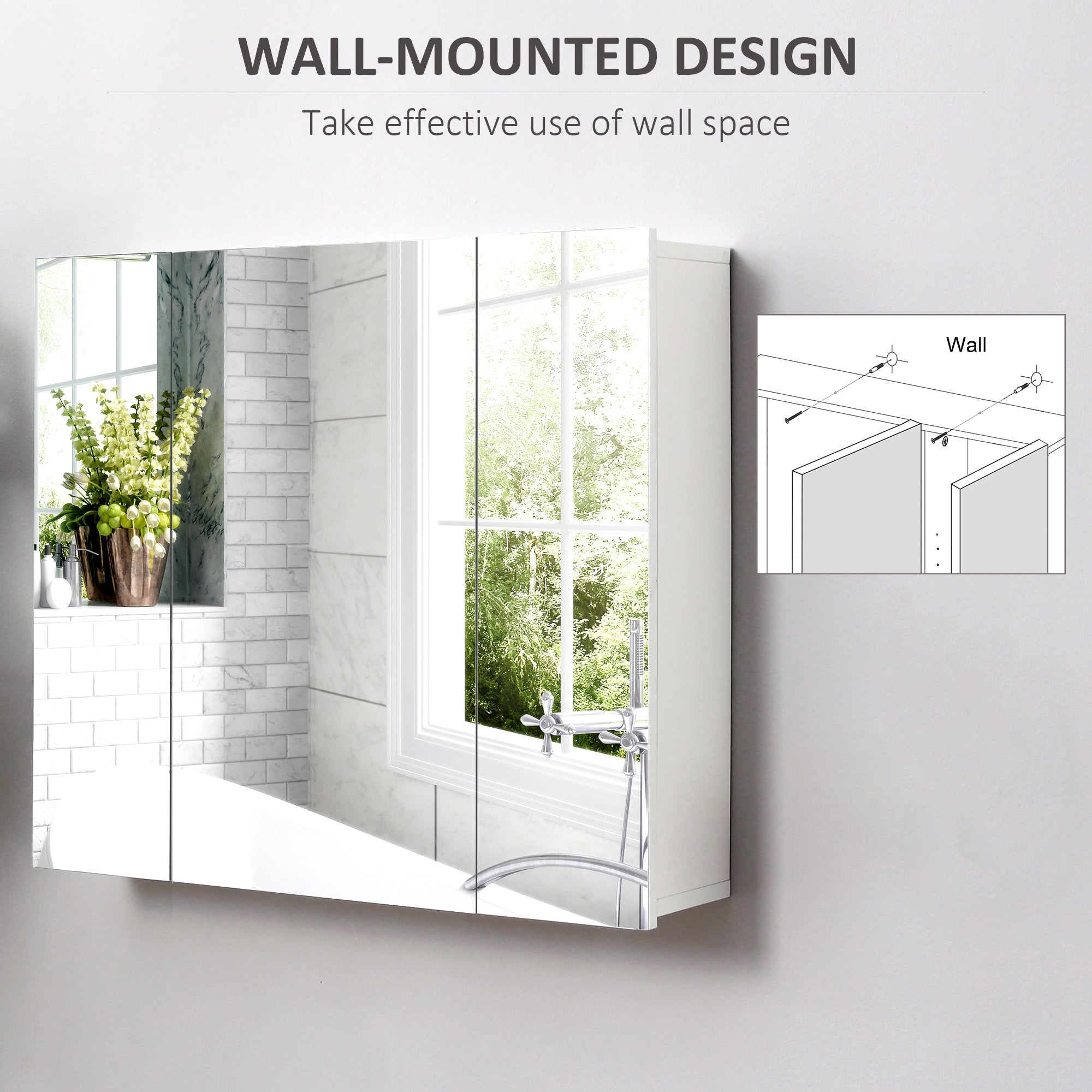 28" x 24" Wall Mounted Mirror Cabinet, Bathroom Medicine Cabinet with Mirror, 3 Doors and Adjustable Shelves, White