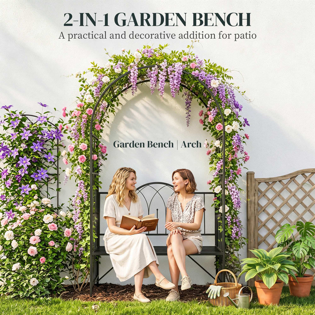 80" Tall Fairy Garden Arbor Arch with Bench Metal Outdoor Plant Climbing Support Trellis with 2 Seater Bench for Rose Vines Black