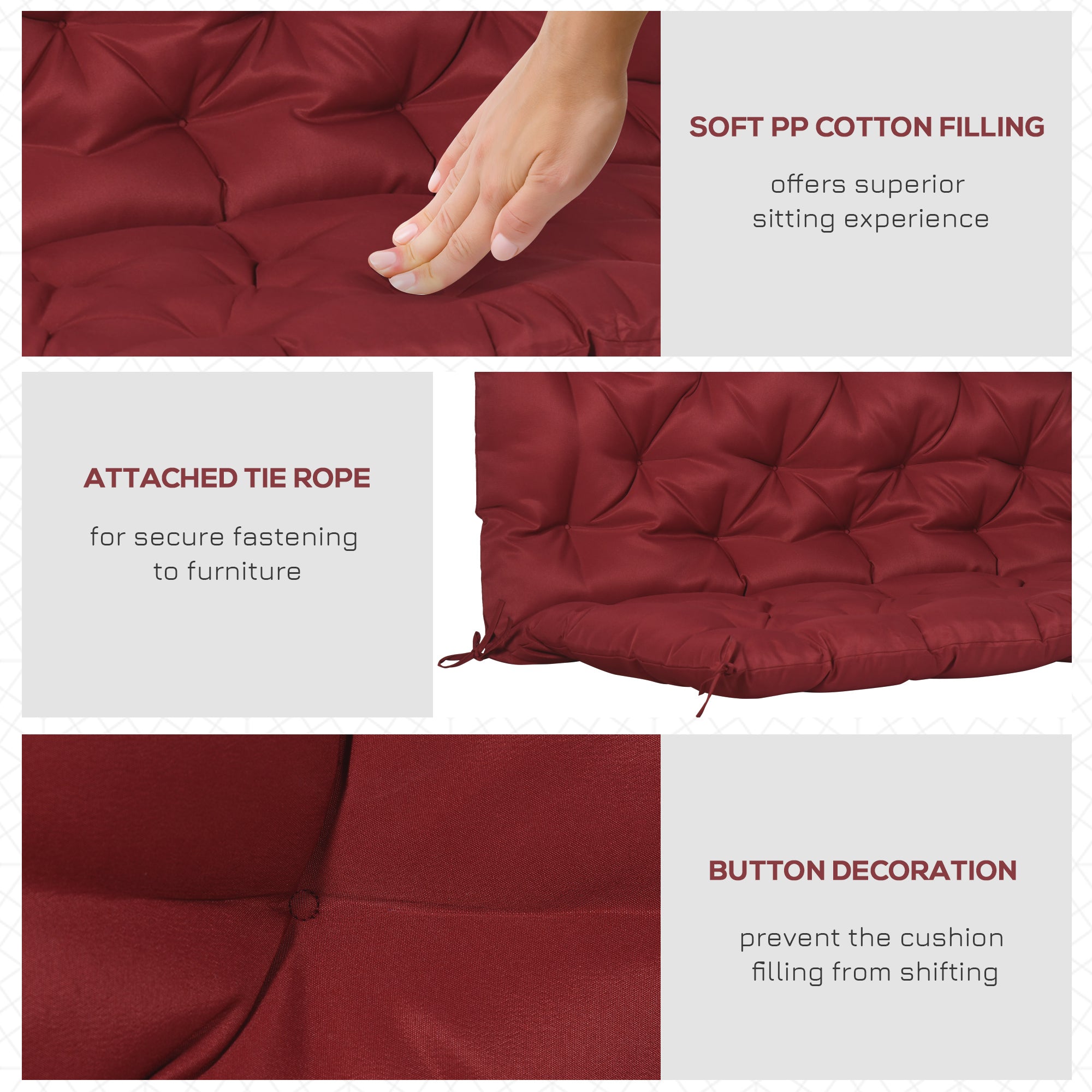 2 Seater Garden Bench Cushion, Soft Thick Outdoor Non-Slip 2 Seater Soft Pad With Backrest for Garden Patio, 47" x 43" x 5", Wine Red