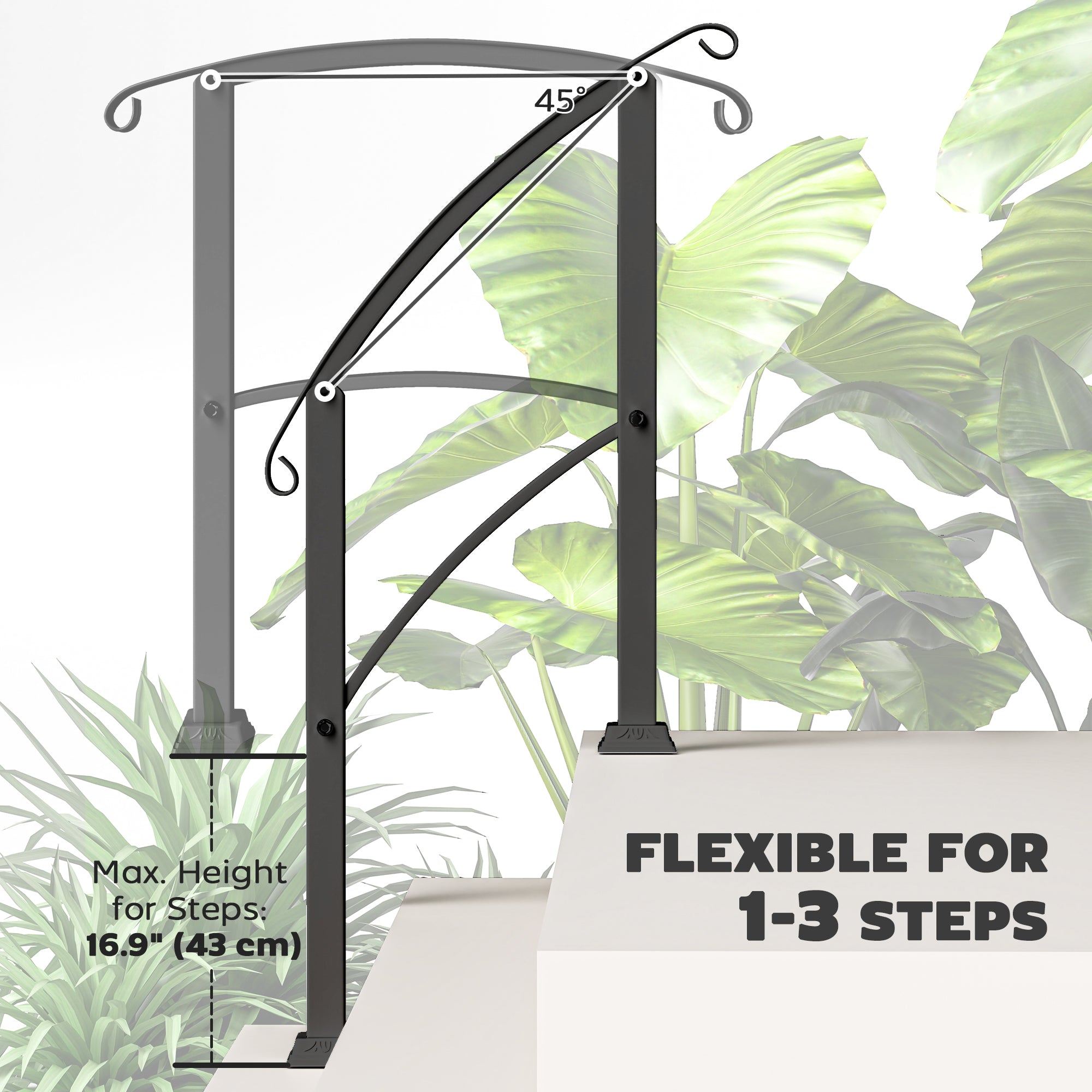 1-3 Step Handrails for Outdoor Steps, Porch Deck Railing, Metal Outdoor Stair Railing with Installation Kit, Black