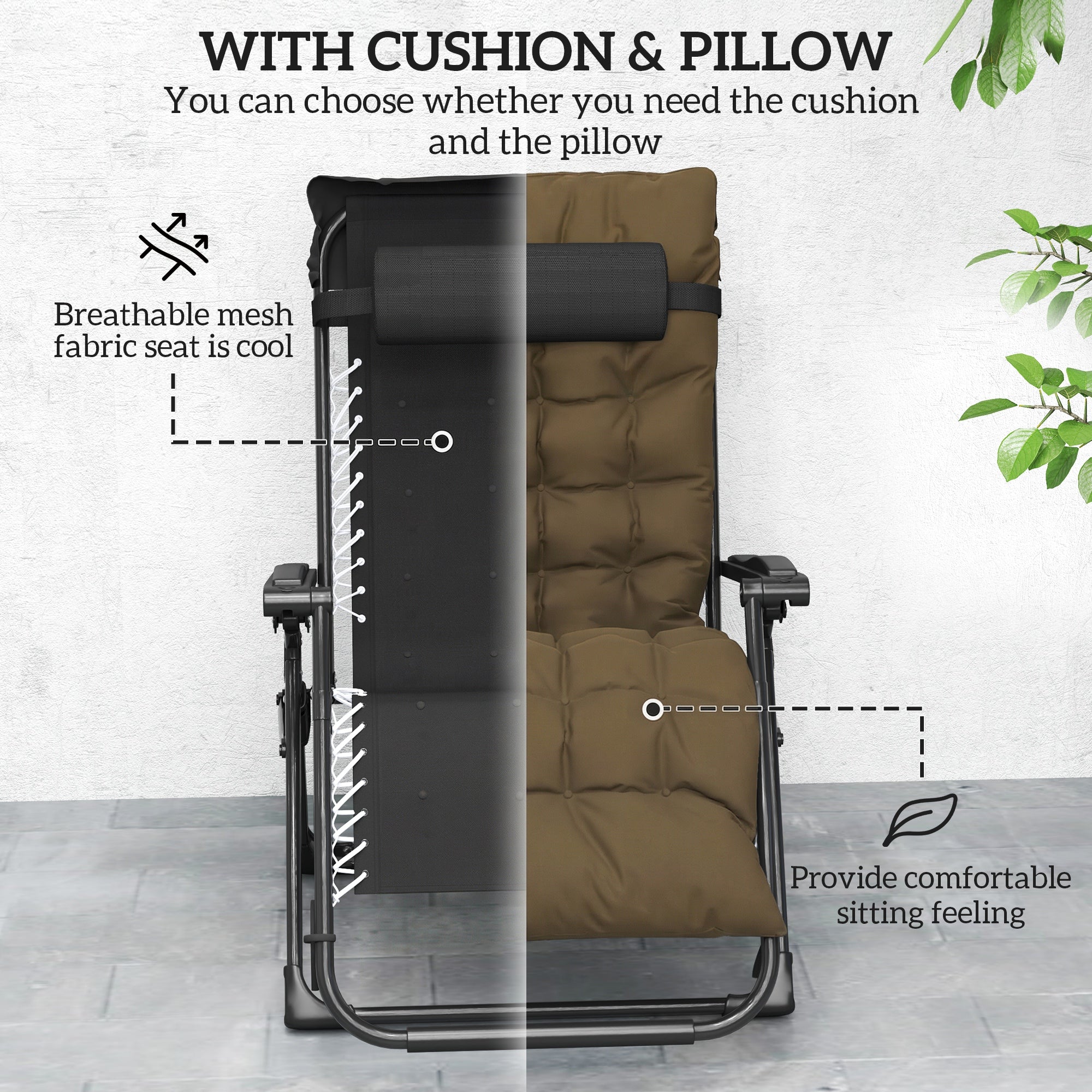 Folding Garden Chair, Reclining Zero Gravity Chair, Sun Lounger with Cushion and Headrest, Khaki
