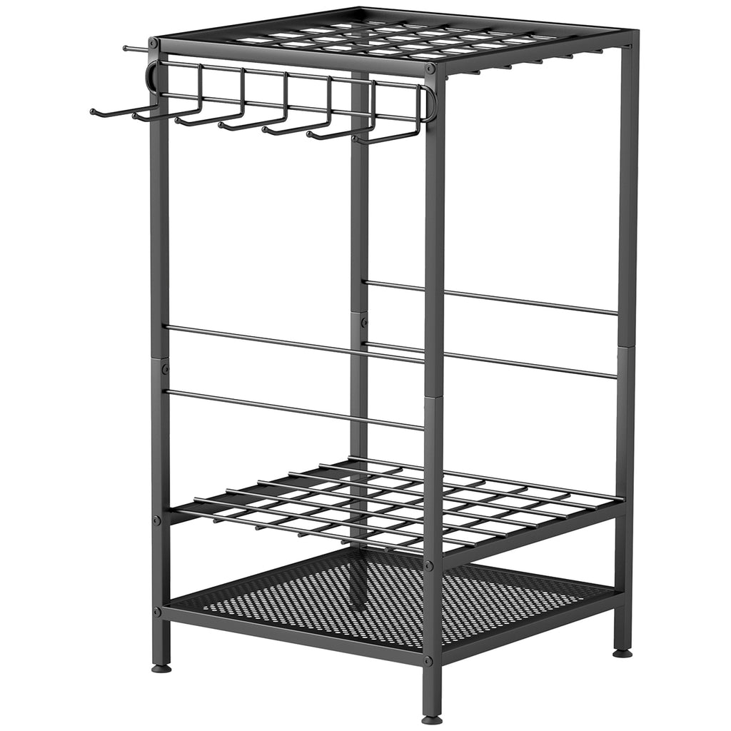 3-Tier Yard Tool Tower Rack, Garden Tool Organizer with 14 Hooks for Long-Handled Rakes, Shovel, Broom, Black