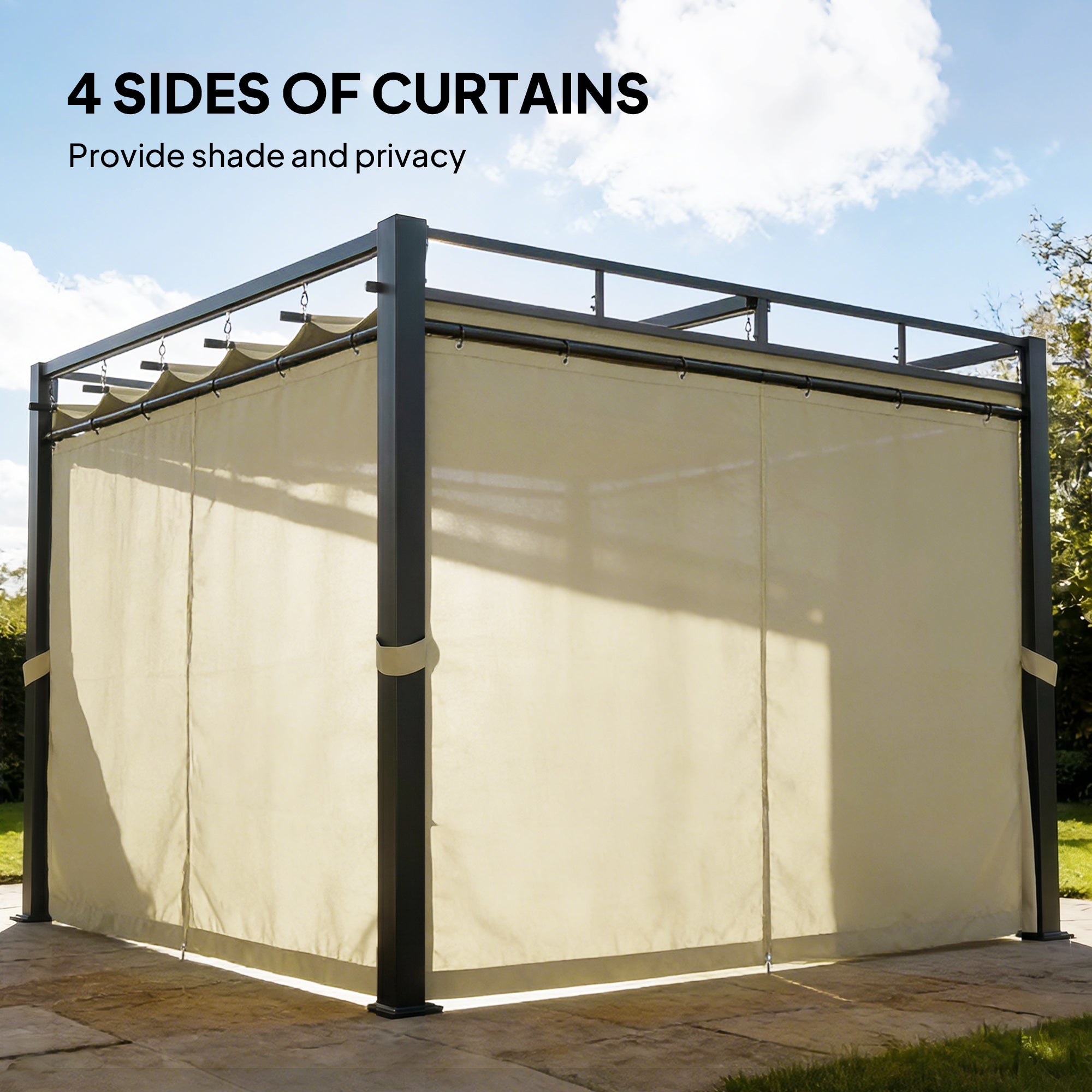 10' x 10' Outdoor Gazebo, Retractable Pergola Canopy with Curtains, UPF30+ Free Standing Metal Pergola Kit, Beige