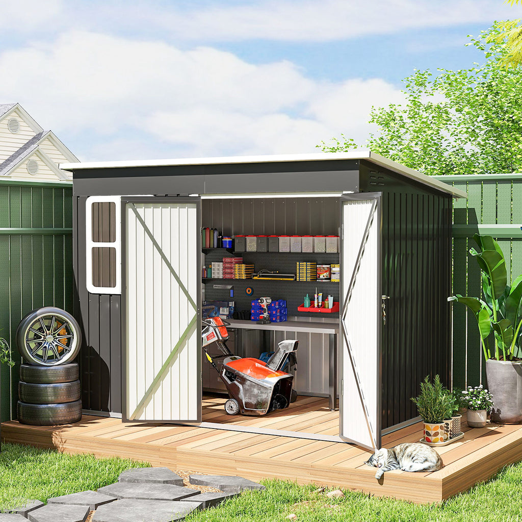 8.5' x 6' Galvanised Steel Outdoor Storage Shed, Garden Shed with Window, Lockable Wide Doors and Air Vents, Dark Grey