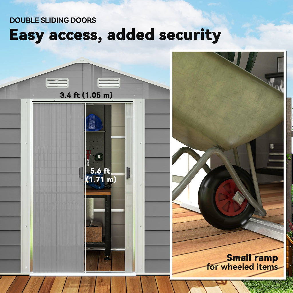 7.7' x 6.5' Outdoor Metal Garden Shed House Hut Gardening Tool Storage with Ventilation, Light Grey