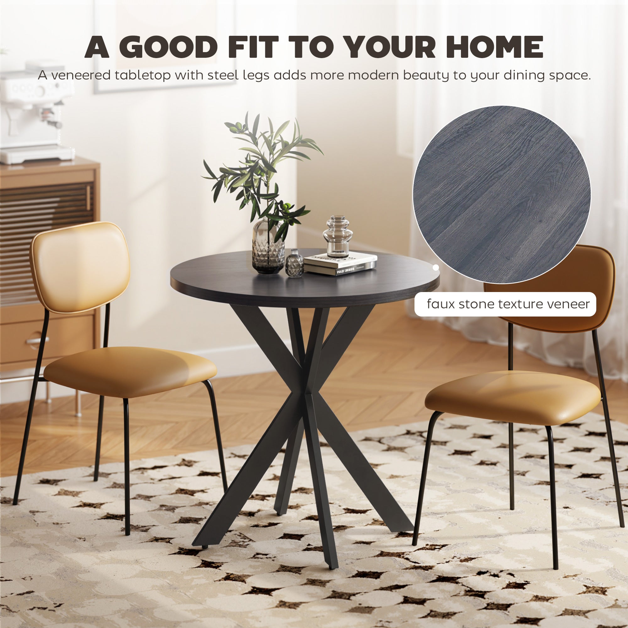 29" Dining Table, Contemporary Round Kitchen Table with Steel Legs, Black