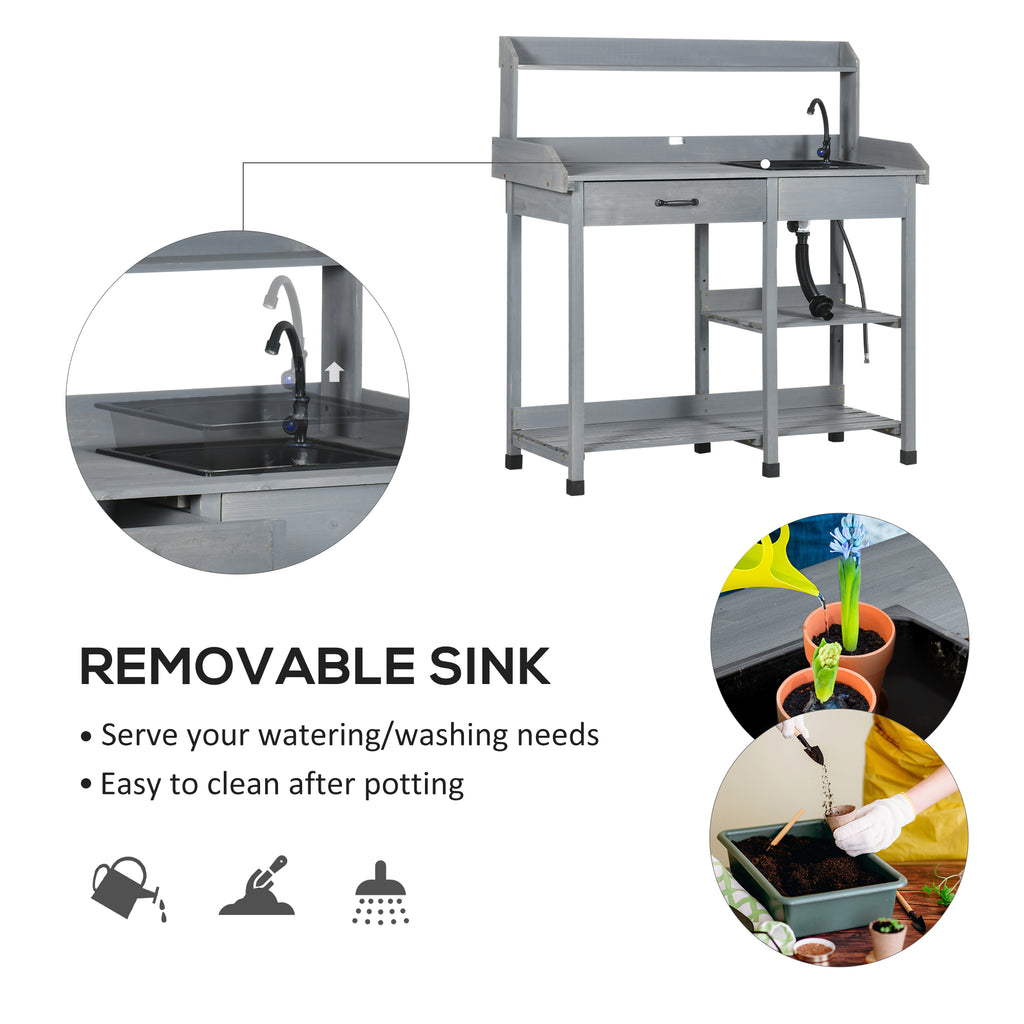 Potting Bench Table Garden Work Bench Workstation with Drawer, Removable Sink and Hooks, 45.3" x 17.7" x 48.4", Grey