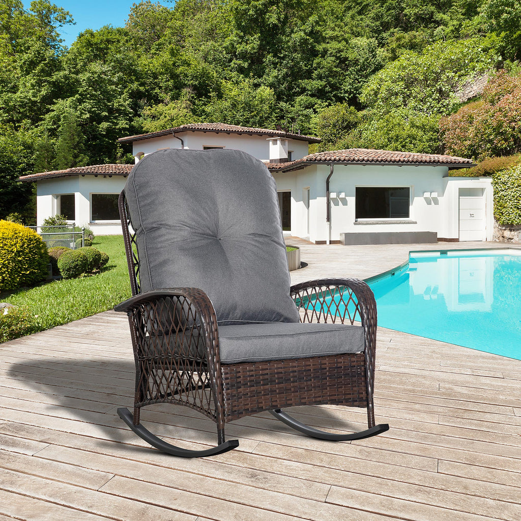 Rattan Rocking Chair, Outdoor Wicker Patio Rocker Chair Furniture with Thick Cushions, for Garden Backyard Porch, Grey